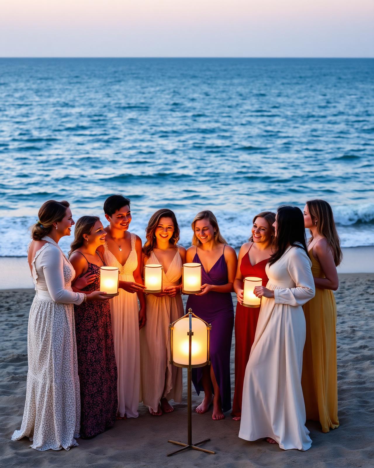 A circle of people gathered with lanterns by the ocean at dusk