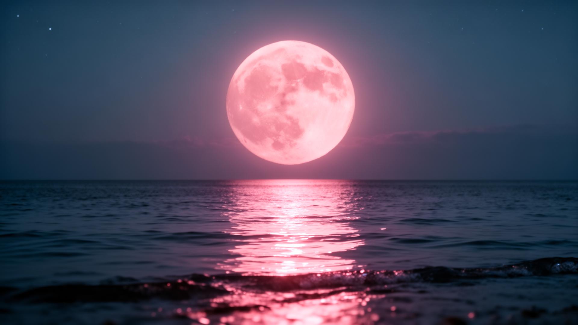 A soft pink full moon over a calm ocean